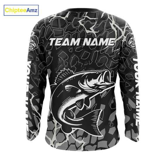 Custom Bass Fishing Black Camo Long Sleeve Fishing Shirts, Personalized Bass Fishing Jerseys NHT507