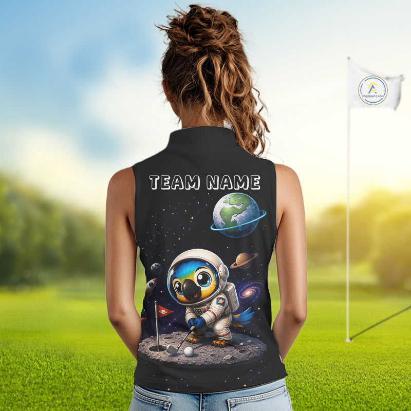Womens sleeveless golf polo shirt with astronaut parrot graphic, personalized golf team name, cute space bird golf apparel.