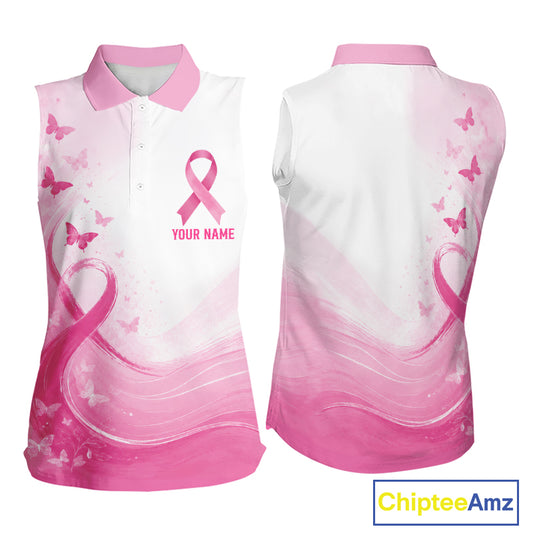 Personalized Breast Cancer Awareness Women’s Sleeveless Golf Polo Pink Ribbon & Butterflies Custom Name