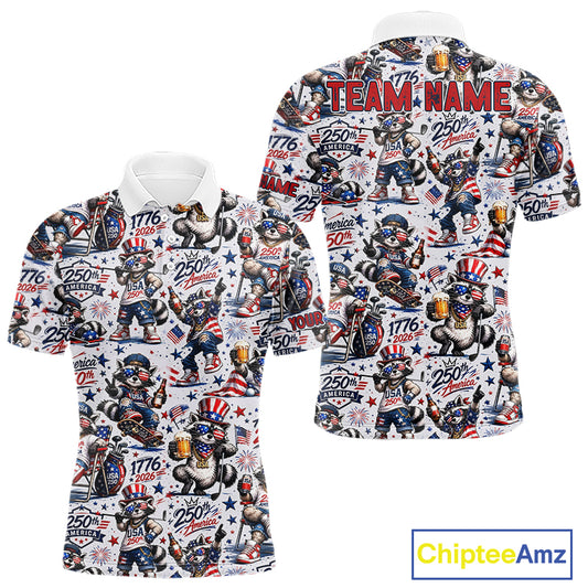 Funny Patriotic Raccoon Personalized Men's Golf Polo Shirt- America 250 Years Golf Gift