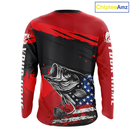 Bass American Flag Fishing Shirt Long Sleeve, Red Fishing Jersey For Fisherman NHT496