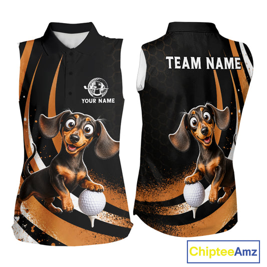 Front and back views of a sleeveless polo shirt featuring a cartoon dachshund holding a golf ball on a striped black, white, and orange background. The front shows a golf hole logo and customizable text, while the back displays 'TEAM NAME' and the dog graphic.
