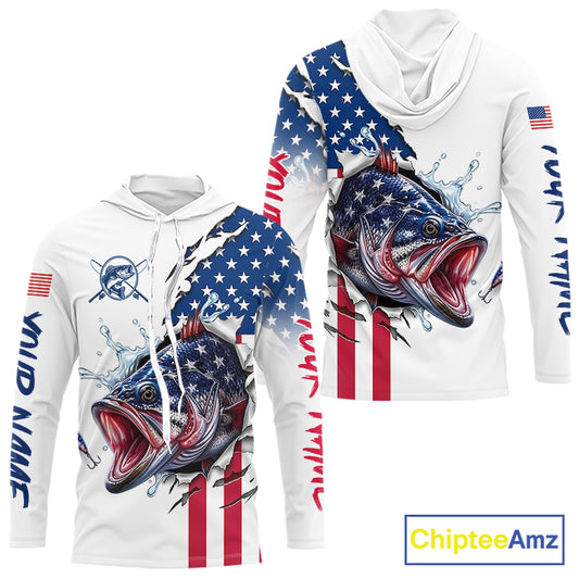 Bass Fishing Shirts Long Sleeve Hooded With American Flag – USA Patriotic Angler Performance Shirt