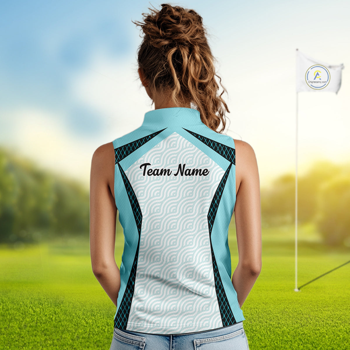 Personalized Aqua Sea Wave Golf Shirt With Name, Elegant Women's Sportswear, Stylish Womens Sleeveless Golf Jersey NHT704