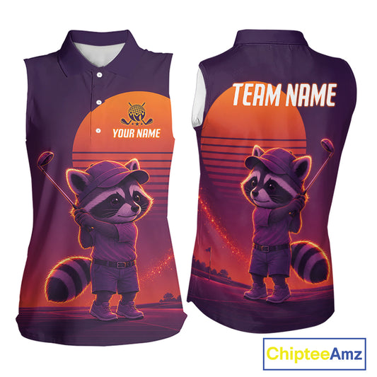Personalized Raccoon Golf Shirt - Retro Sunset Womens Sleeveless Golf Polo Shirt