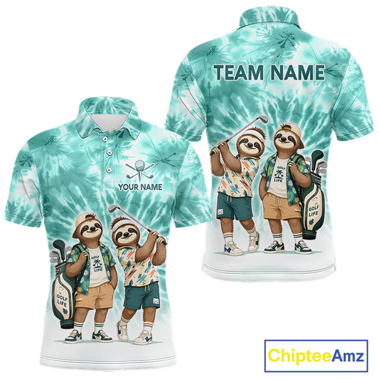 Funny Sloth Golf Polo Shirt For Men – Blue Tie Dye Custom Name Golf Shirt, Golf Gift NHT880