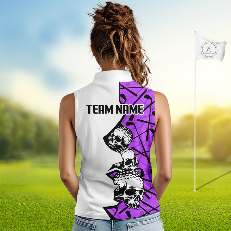 Custom Skull Womens Sleeveless Golf Polo Shirt Personalized Name, Golf Team Polo Jersey| Purple