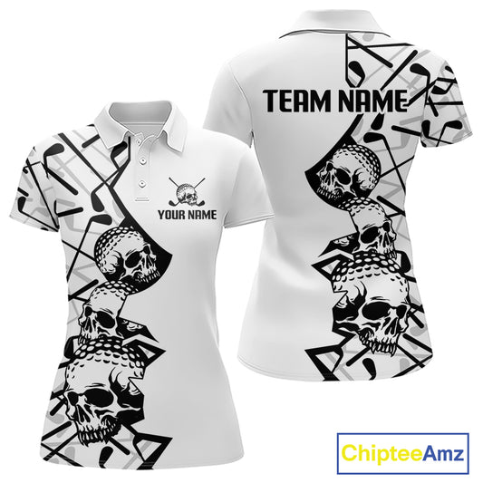 Custom Skull Womens Golf Polo Shirt Personalized Name, Golf Team Polo Jersey| White