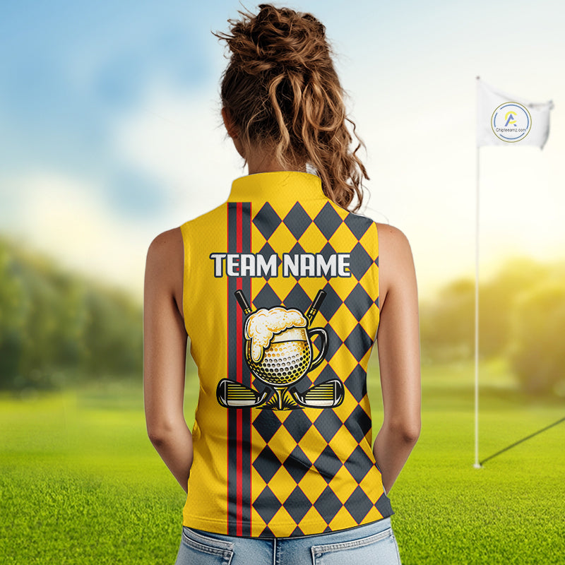 Personalized Womens Sleeveless Golf Polo Shirt Beer And Golf Ball Graphic Custom Team Name Golf Jersey|Yellow
