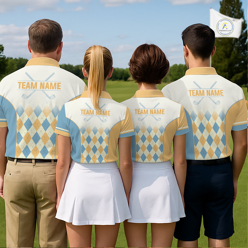 Argyle Pattern Golf Polo Shirts For Mens Custom Name, Golf Pattern Yellow Blue Shirt Gifts NHT933