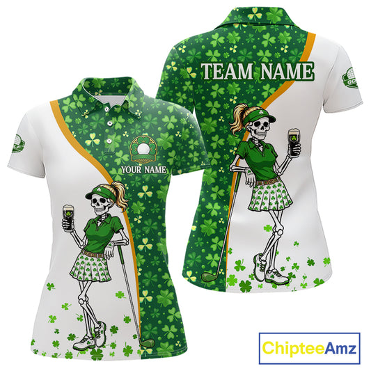 Custom St. Patrick's Day Womens Golf Polo Shirt – Shamrock Skeleton Lady Golfer Personalized Team