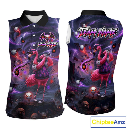 Personalized Sleeveless Women Golf Polo Shirts Angry Flamingo Golfer Gothic Lightning Theme Team Name Shirt NHT804
