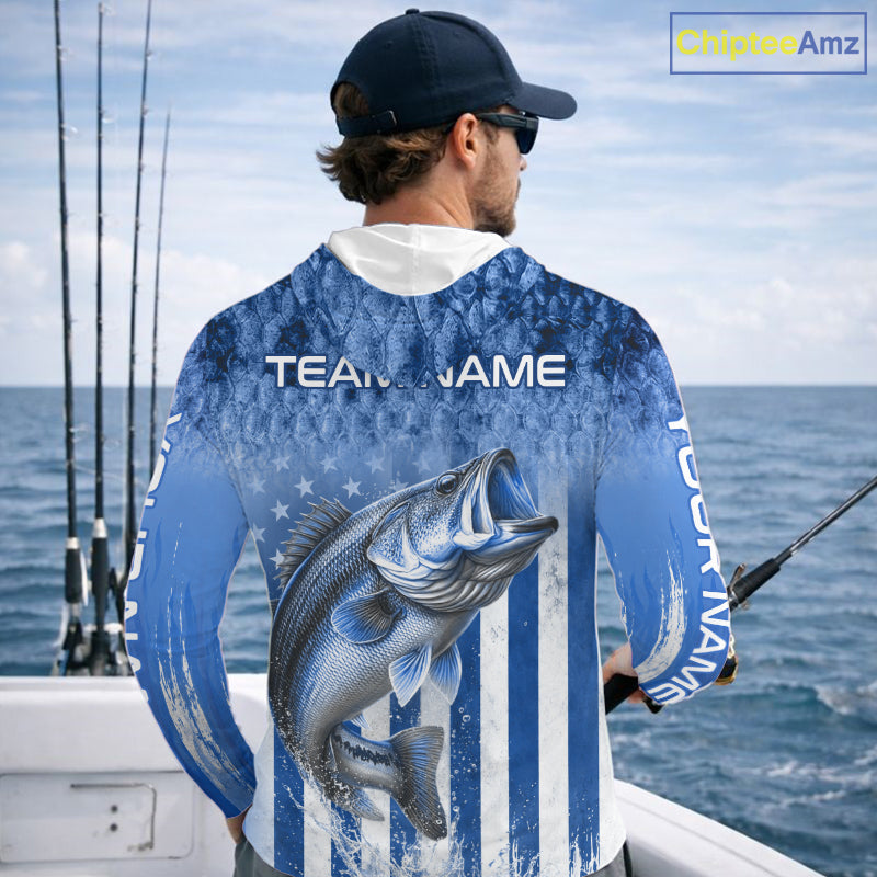 Custom Bass Fishing Shirt 3D Personalized Team Name Long Sleeve Hooded UV Protection Fishing Jersey|Blue