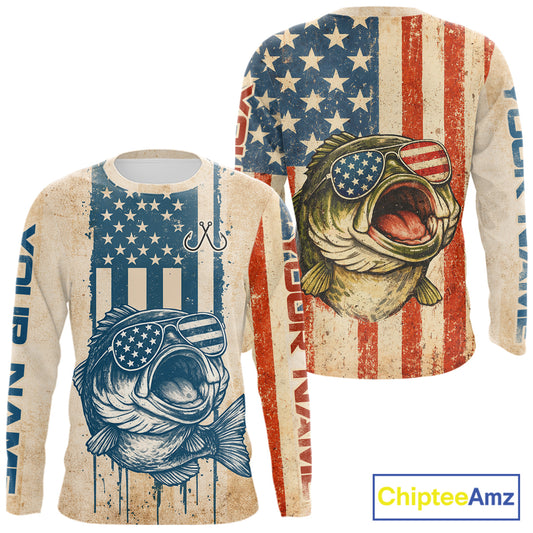 Custom Vintage Bass Funny Long Sleeve Fishing Shirt For Men, Bass Patriotic Fishing Shirt NHT601