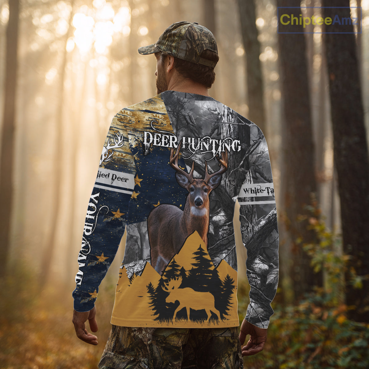 WhiteTails Deer Hunting Alaska Flag with Custom Name, Camo Gray Camouflage Details NHT09