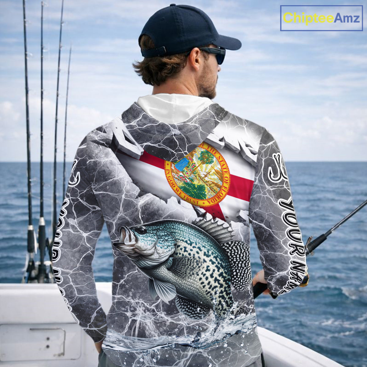 Florida Crappie Camo Gray Custom Long Sleeve Hooded Performance Fishing Shirts, Florida Flag Fishing Jerseys NHT658