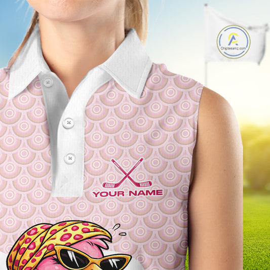 White Pink Womens Sleeveless Golf Shirt Flamingo Golf Funny Custom Team Name Cool Gift For Golfer NHT546