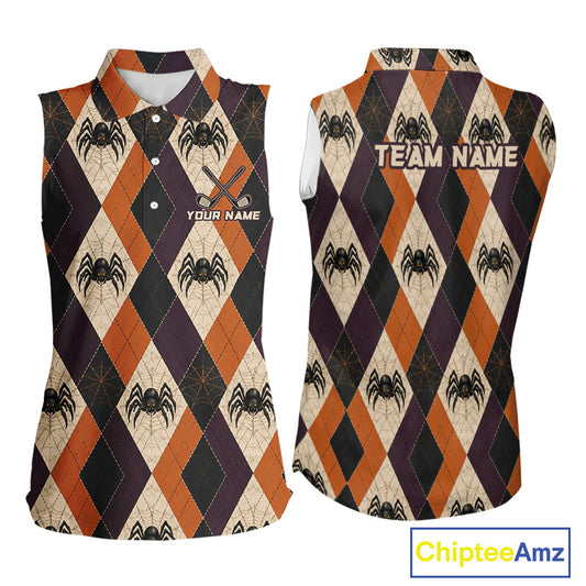 Front and back views of a sleeveless collared polo shirt featuring a Halloween-themed argyle pattern with black spiders, cobwebs, and diamonds in orange, dark brown, and beige. The front has a button placket, a chest graphic with crossed scissors and the text 'YOUR NAME', and the back has 'TEAM NAME' printed across the shoulders.
