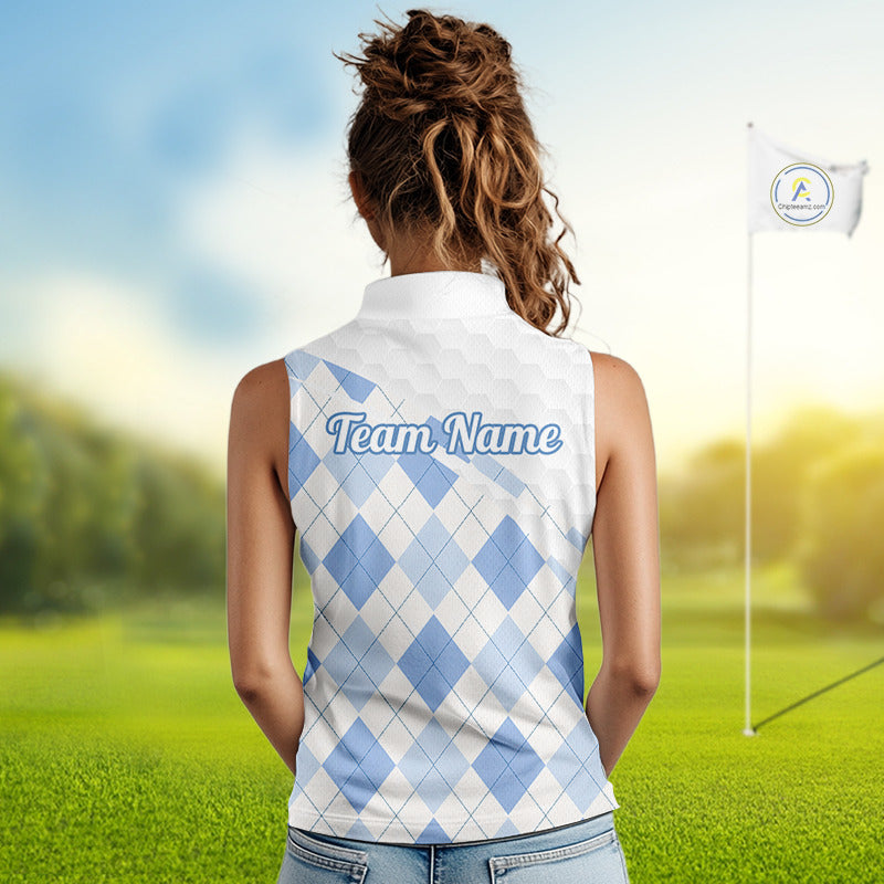 Personalized Blue White Argyle Plaid Pattern Womens Sleeveless Golf Polo Shirts, Blue Golf Tops For Womens NHT674