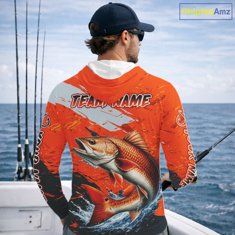 Custom Redfish Fishing Tournament Jerseys, Red Drum Orange Hooded Fishing Shirts Long Sleeve NHT572