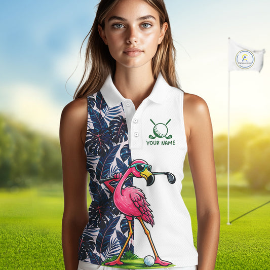 Funny Flamingo Womens Sleeveless Golf Polo Shirts Blue Tropical Flamingo Custom Name, Golf Gifts NBT563