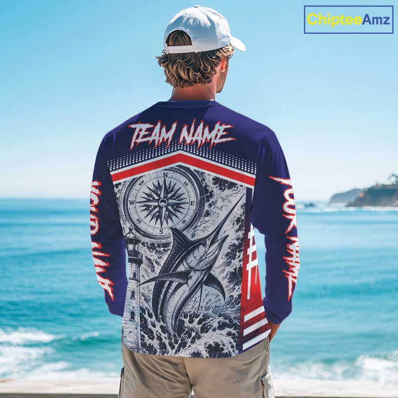 Angler wearing personalized Marlin blue long sleeve performance fishing shirt on the boat - back view with personalized name