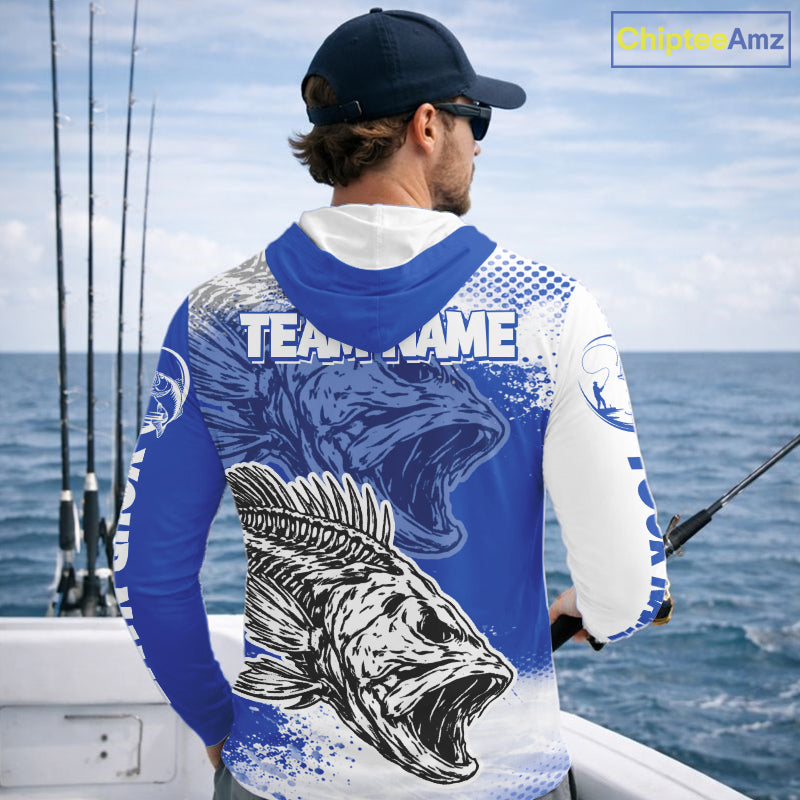 Blue Camo Bass Fishing Jerseys For Fishing Team, Bass Skeleton Fishing Shirts Long Sleeve Hooded NBT418