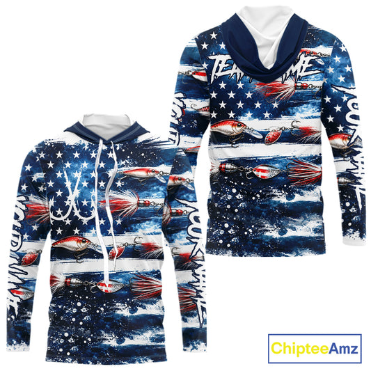 Fishing Lure American Flag Custom Long Sleeve Hooded Performance Fishing Shirts, Team Fishing Jerseys NBT940