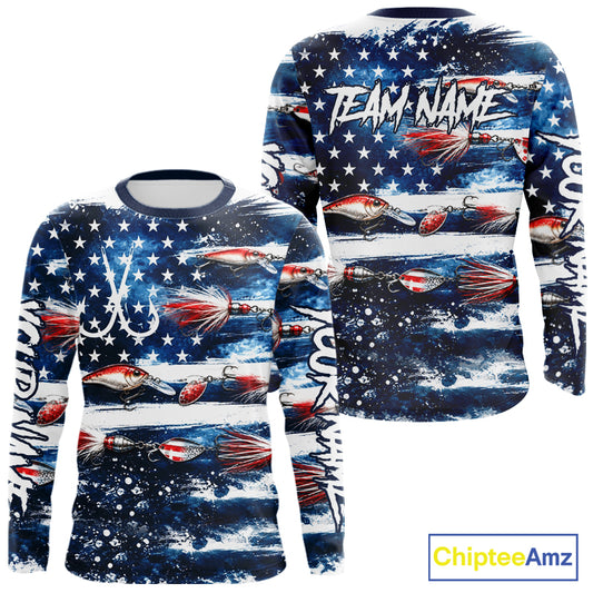 Fishing Lure American Flag Custom Long Sleeve Performance Fishing Shirts, Team Fishing Jerseys NBT940
