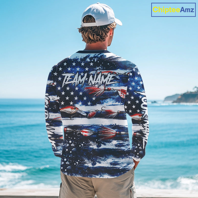 Fishing Lure American Flag Custom Long Sleeve Performance Fishing Shirts, Team Fishing Jerseys NBT940