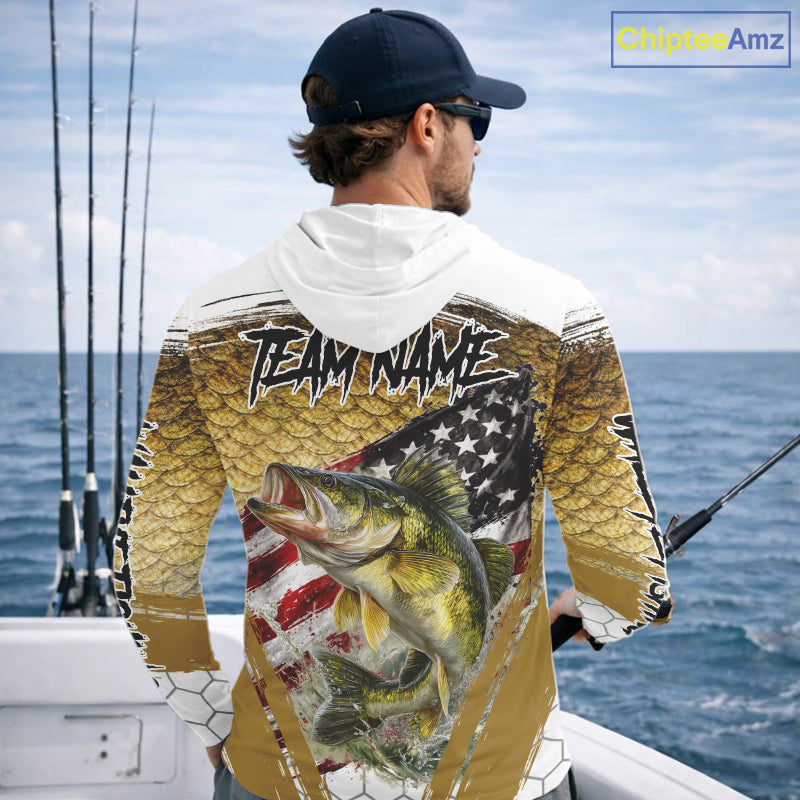 American Flag Walleye Long Sleeve Hooded Fishing Shirts Fish Scale, Custom Patriotric Walleye Fishing Shirts NBT394