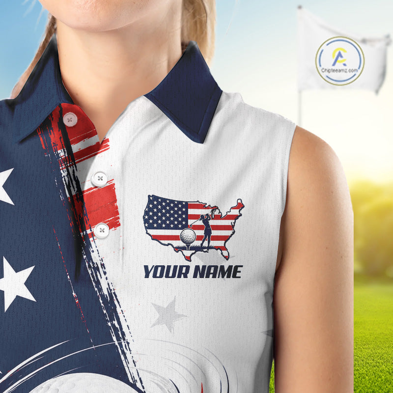 Close-up American flag print detail on white 4th July women sleeveless golf polo