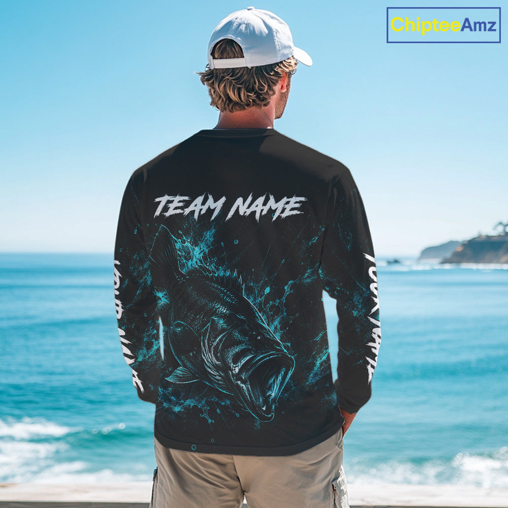 Angler wearing personalized neon camo bass fishing long sleeve shirt on the boat - back view with personalized name