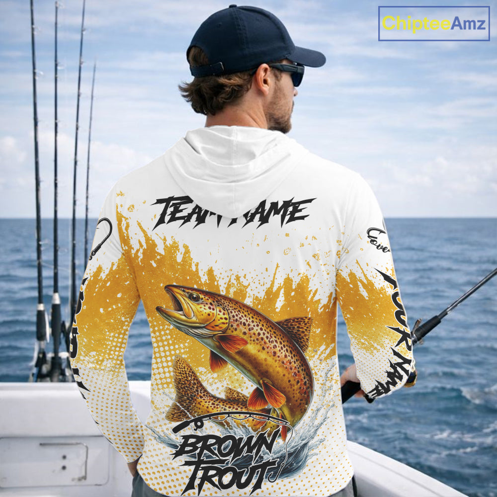 Custom Brown Trout Long Sleeve Hooded Fishing Shirts Yellow Camo Fishing Lures, Custom Fishing Jerseys NBT377