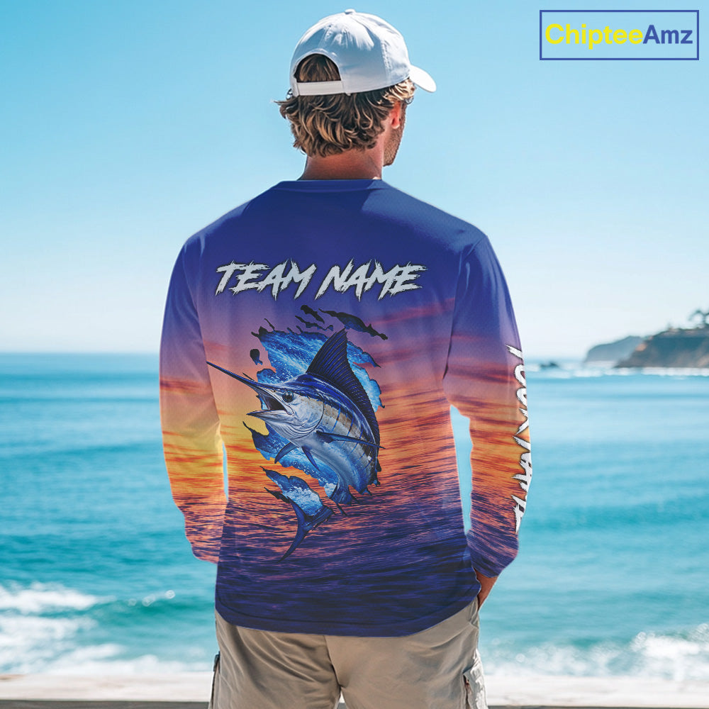 Marlin Fishing Sunset Custom Fishing Long Sleeve Shirt, Marlin Offshore Fishing Apparel NBT853