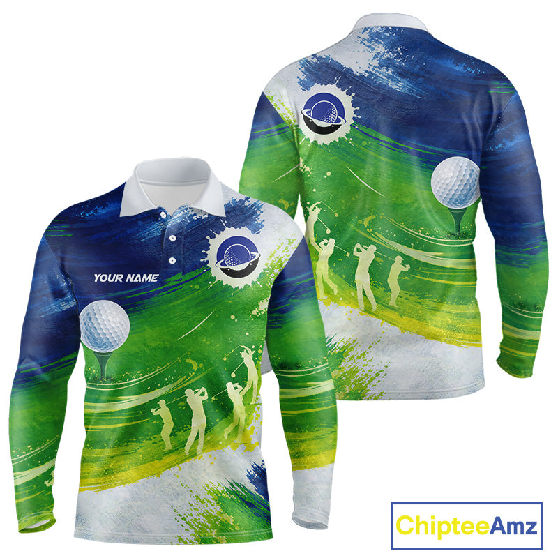 Mens Golf Polo Shirts Custom Name Blue And Green Golf Shirt, Tournament Golf Tops For Mens NBT546