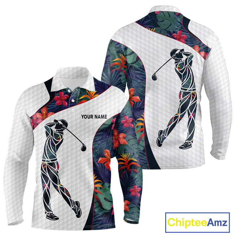 Custom Name Colorful Tropical Pattern Golf Men's Polo Shirt, White Golf Shirt, Team Golf Top NBT498