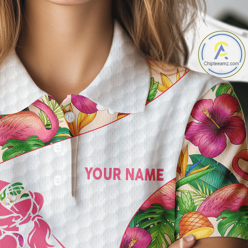 Colorful Tropical Pattern Womens Golf Polo Shirt Custom Name White Golf Shirt, Golf Gifts NBT499