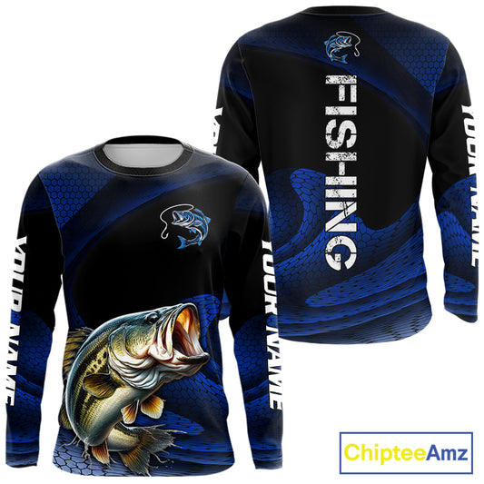 Front and back view of Custom Blue Camo Bass Fishing Shirt Long Sleeve with Personalized Name on Sleeves