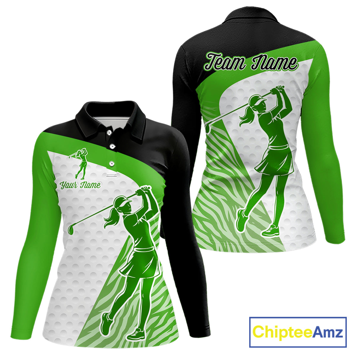 Green Zebra Pattern Womens Golf Polo Shirts Custom Name Gift For Golf Lovers NBT581