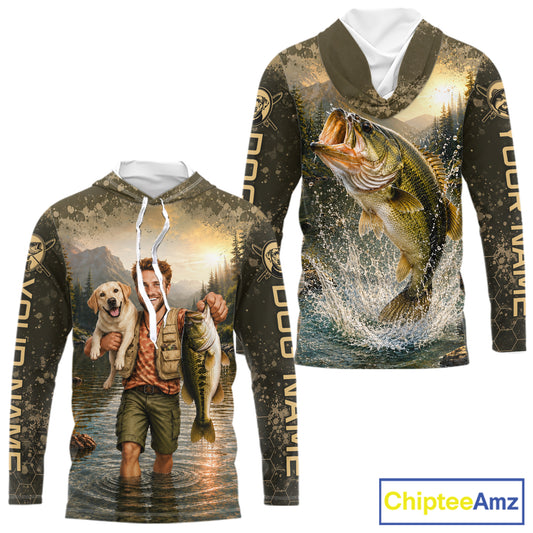 Custom Photo Bass And Dog Fishing Shirts Long Sleeve Hooded For Men, Sun Protection Shirts NBT734