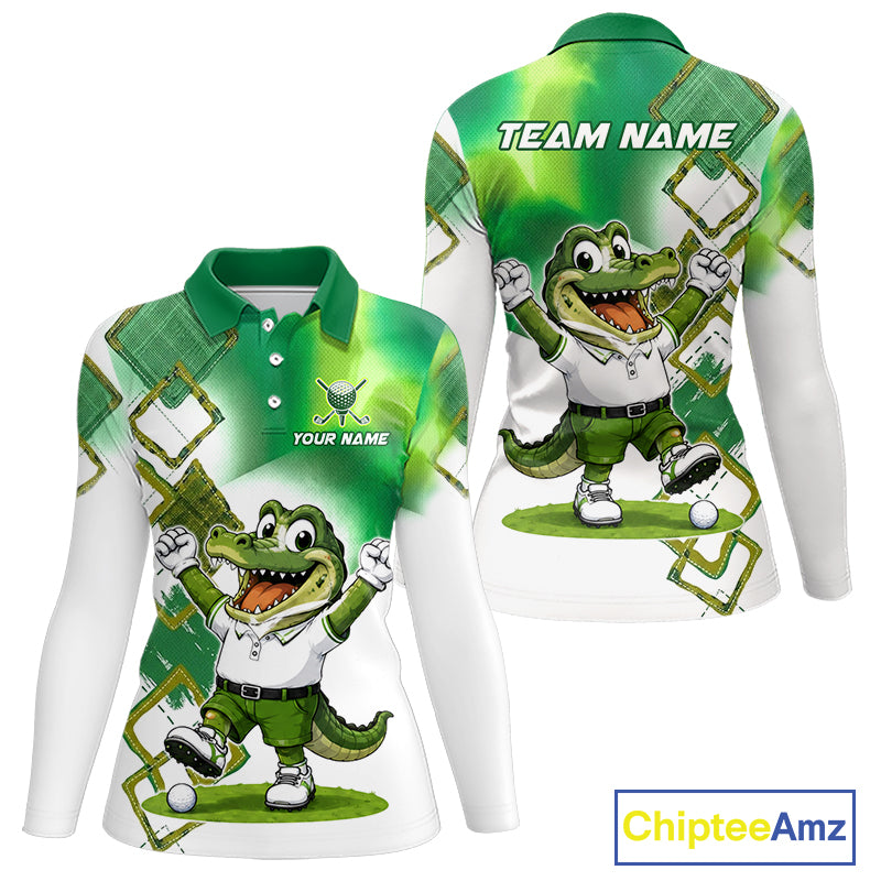 Funny Alligator Womens Golf Polo Shirt Custom Name, Team Golf Shirts, Golf Gifts | Green NBT839