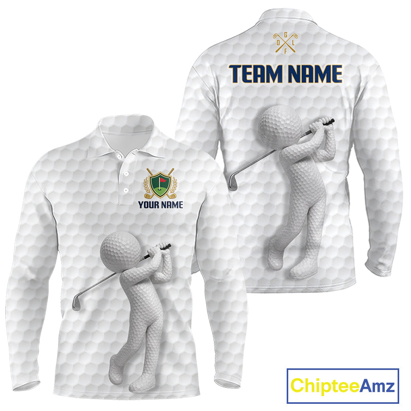 Front and back view Custom Name mens long sleeve golf polo shirt with unique golf ball pattern and personalized name