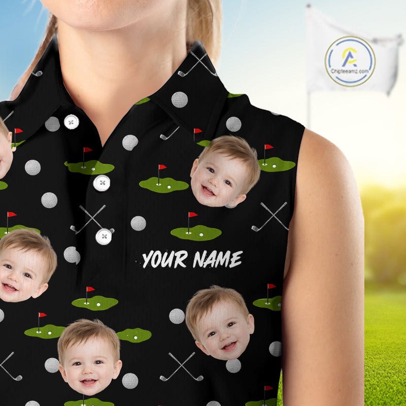 Personalized Face & Name Sleeveless Golf Polo Shirt For Women, Best Mom Golf Shirt, Mother's Day Gift Polo|Black NBT662