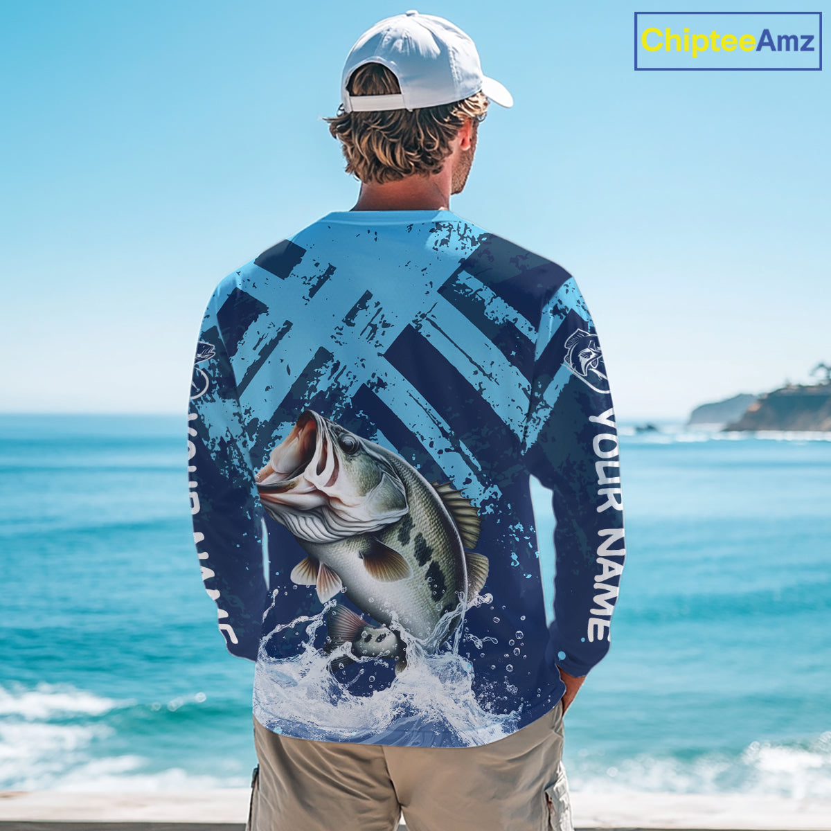 Bass Fishing Blue Camo Long Sleeve Fishing Shirts UV Protection, Bass Fishing Jerseys NBT460