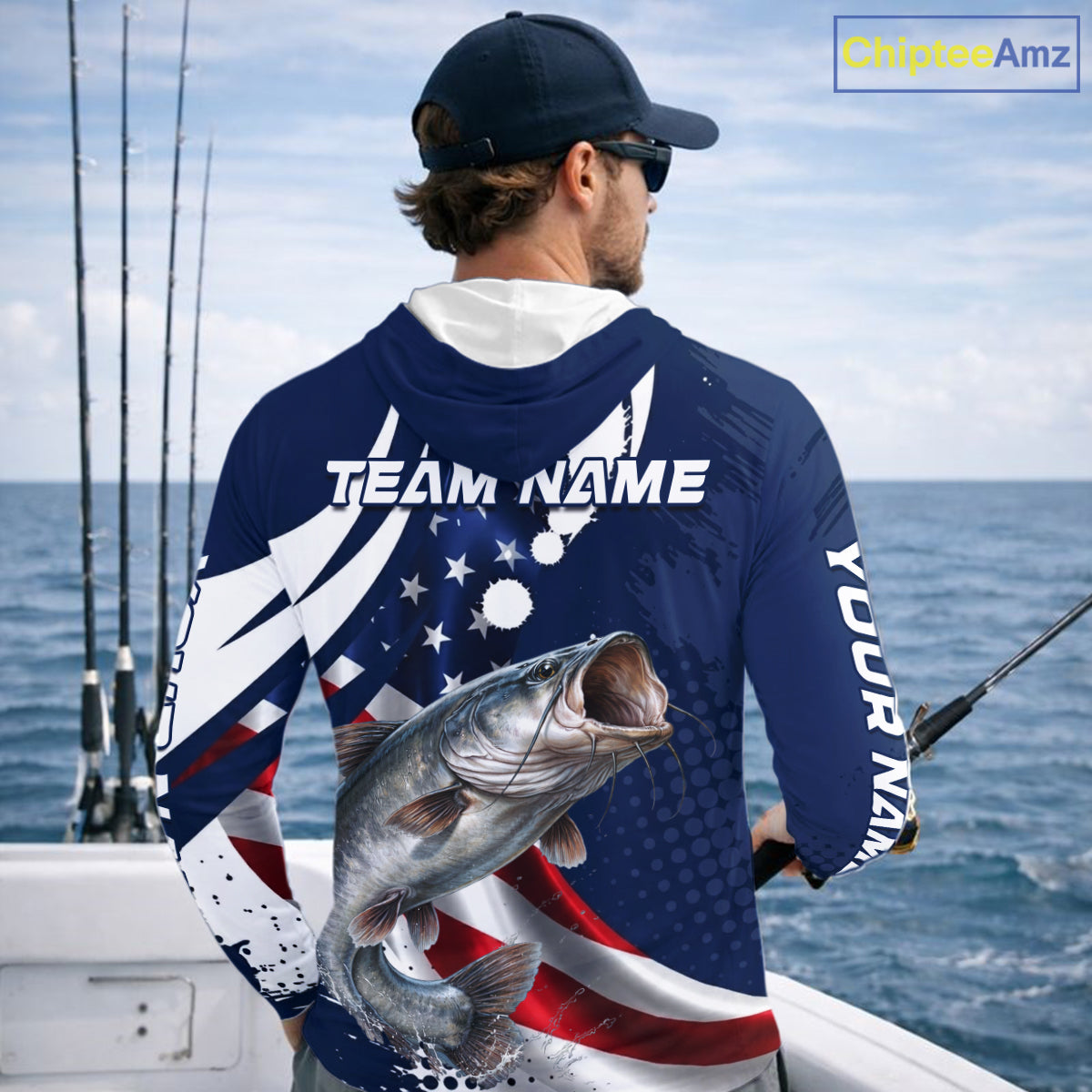 Catfish Fishing American Flag Custom Long Sleeve Hooded Tournament Fishing Shirts, Team Catfish Shirts NBT718