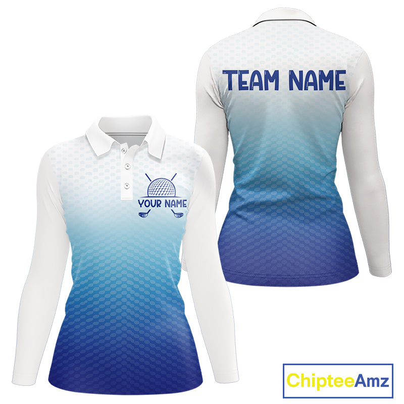 Blue White Womens Polo Golf Shirts Custom Name Golf Shirt For Women, Golf Team Clothes NBT504