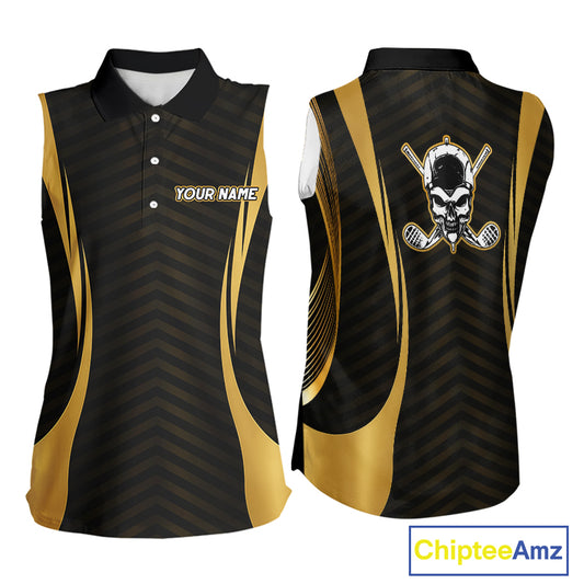 Front and back view Custom Skull womens sleeveless golf polo shirt black gold design with custom name on sleeve
