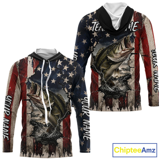Bass Fishing 3D American Flag Patriotic Shirts Customize Hooded Bass Fishing Jerseys, Sun Protection Shirts NBT939