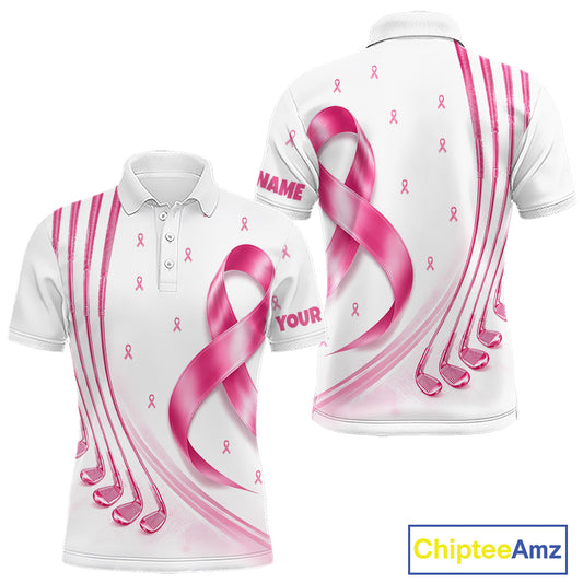 Front and back views of a pink, white breast cancer awareness ribbon pattern golf polo shirt, chest name text, and team name on the back.